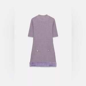 Zara Lilac Knit Short-Sleeve sweater Knitted Mini Dress with faux fur trim
